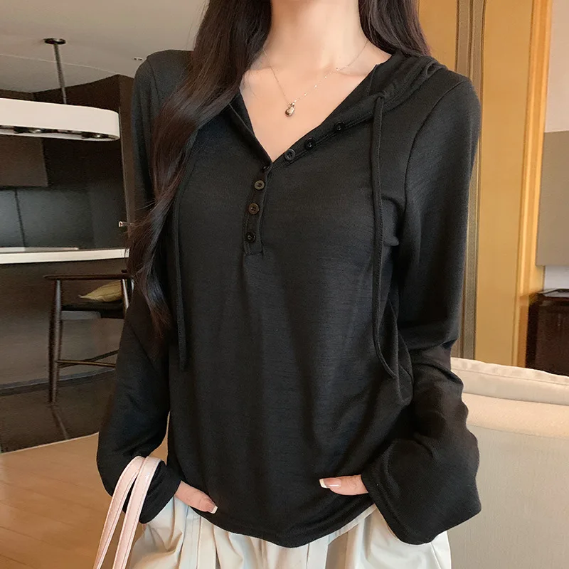2026 Autumn Women's Casual Versatile T-shirt Button Knitted Hoodie