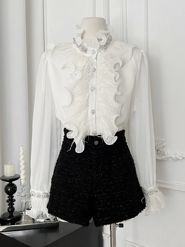 Blusa de penas de strass de luxo para mulheres primavera verão branco manga longa camisa com gola babados chiffon tops 2025 INKEO 5T009