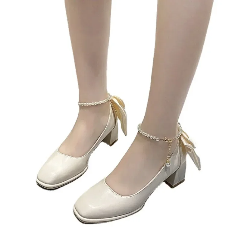 2024 New Women High Heels Silk Mary Jane Shoes Party Wedding Dress Shoe Bowknot Princess Lolita Pumps Square Toe Bridal Heels