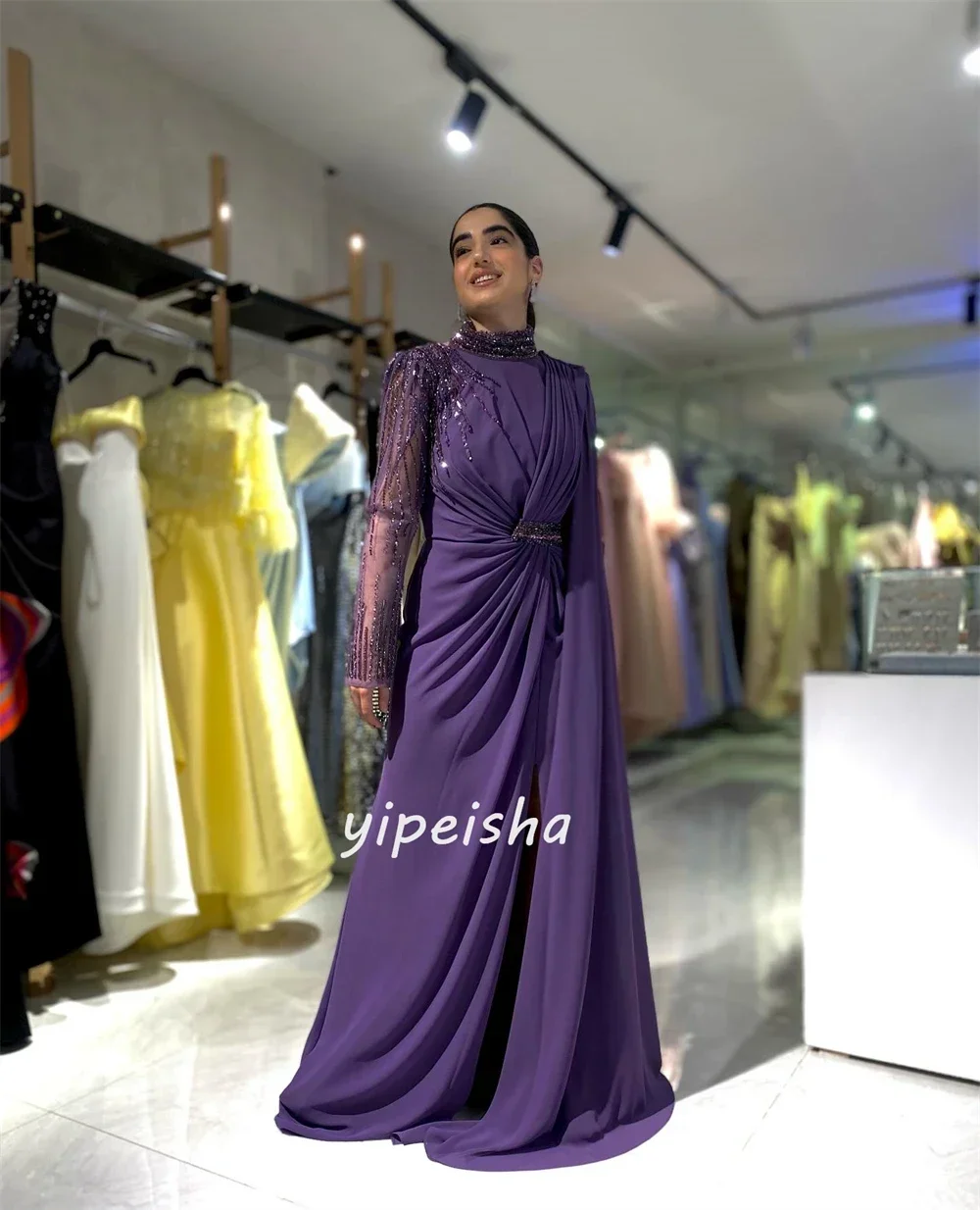 Customized High Quality Chiffon Applique Sequins Valentine's Day A-line High Neck Custom Long Skirt Unique Design Showcasing Ari