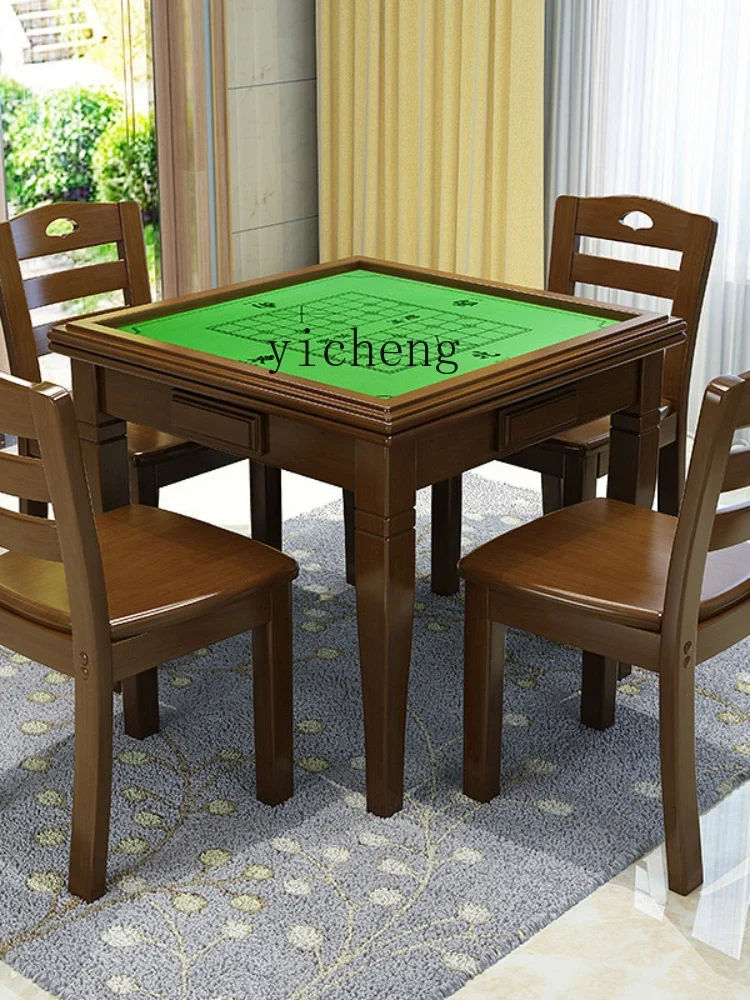 Solid Wood Mahjong Table Dining Table Combination Hand Rub Dual-Use Square Chess Table and Chair