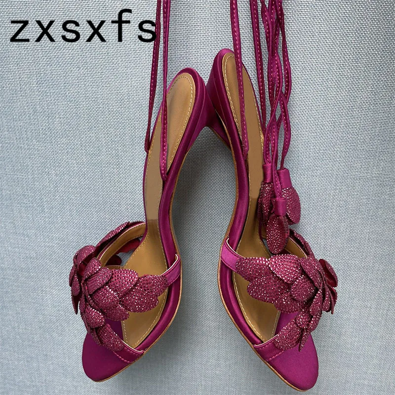 

Brand Designer New Leather Flower DecorateThin High Heels Sandals Women Peep Toe Lace Up Pumps High Quality Sexy Party Shoes