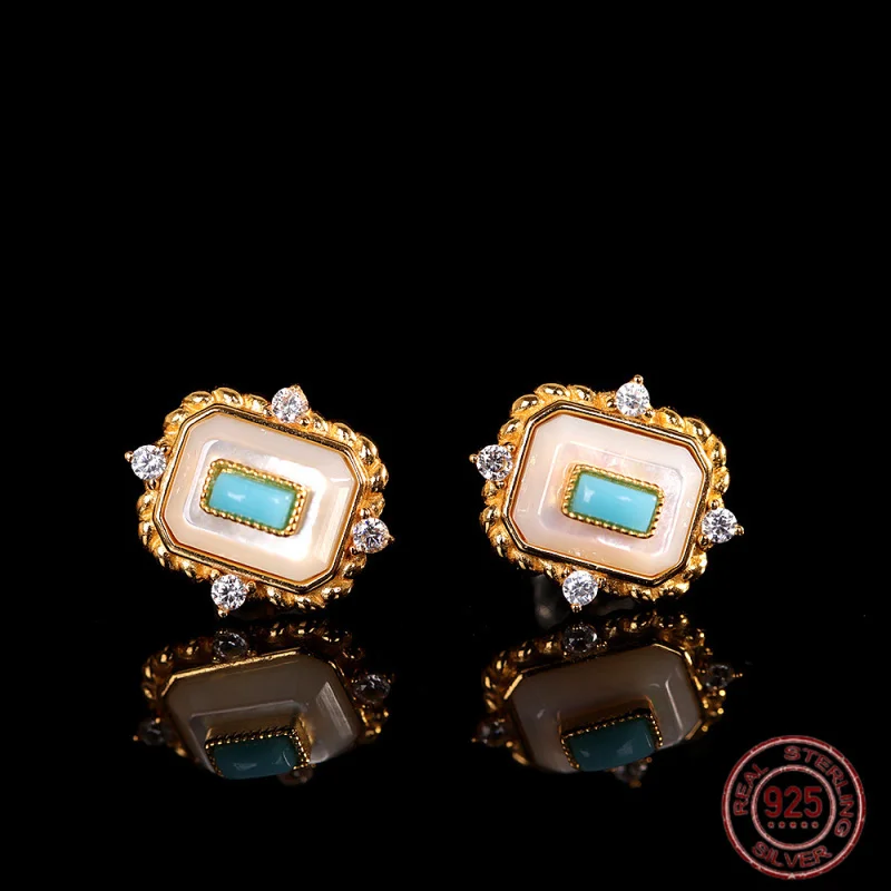 

genuine 925 Sterling Silver Oblong Shape Inlaid with Mother of Pearl Turquoise Cubic Zirconia Dainty Stud Earrings For Women