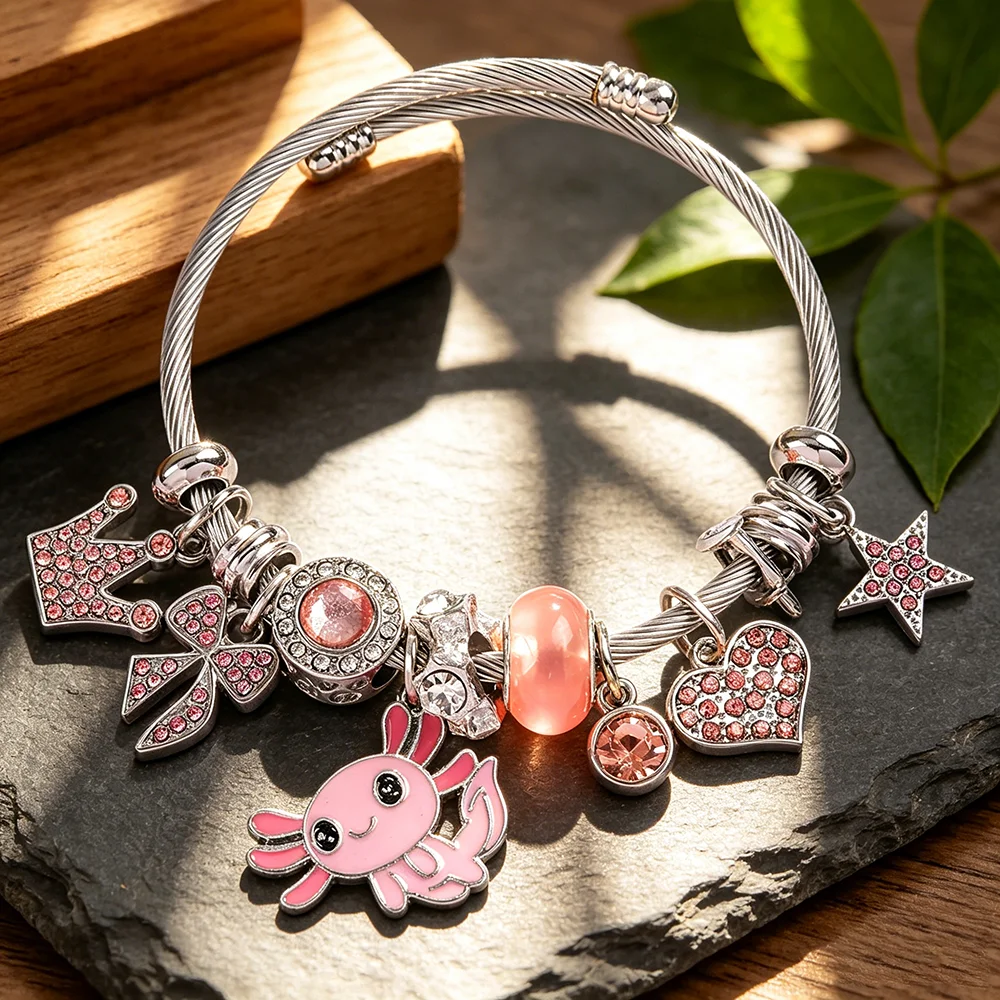Cute Axolotl Charm Bracelet, Pink Crystal Rhinestone Adjustable Bangle Fashion Jewelry Gift for Girls WomenGift