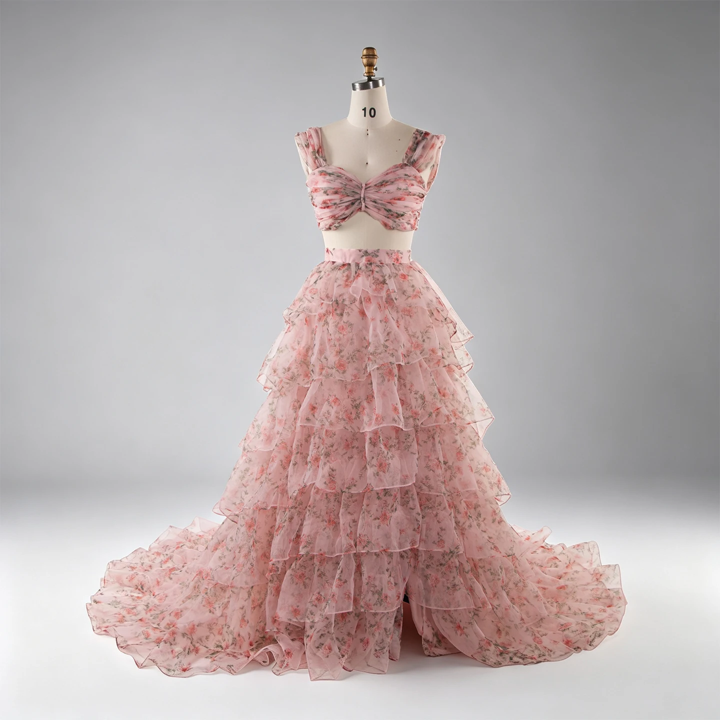 Pink Floral Photoshoot Gown Two Piece Set Layered Ruffle Special Event Party Dress YW260288