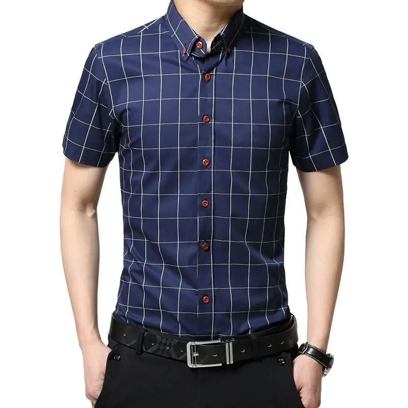 

Plaid Men Dress Shirts Printed Wedding Party Formal Casual Brand Men's Summer Business Cotton Shirt Short Sleeves Size M-5XL