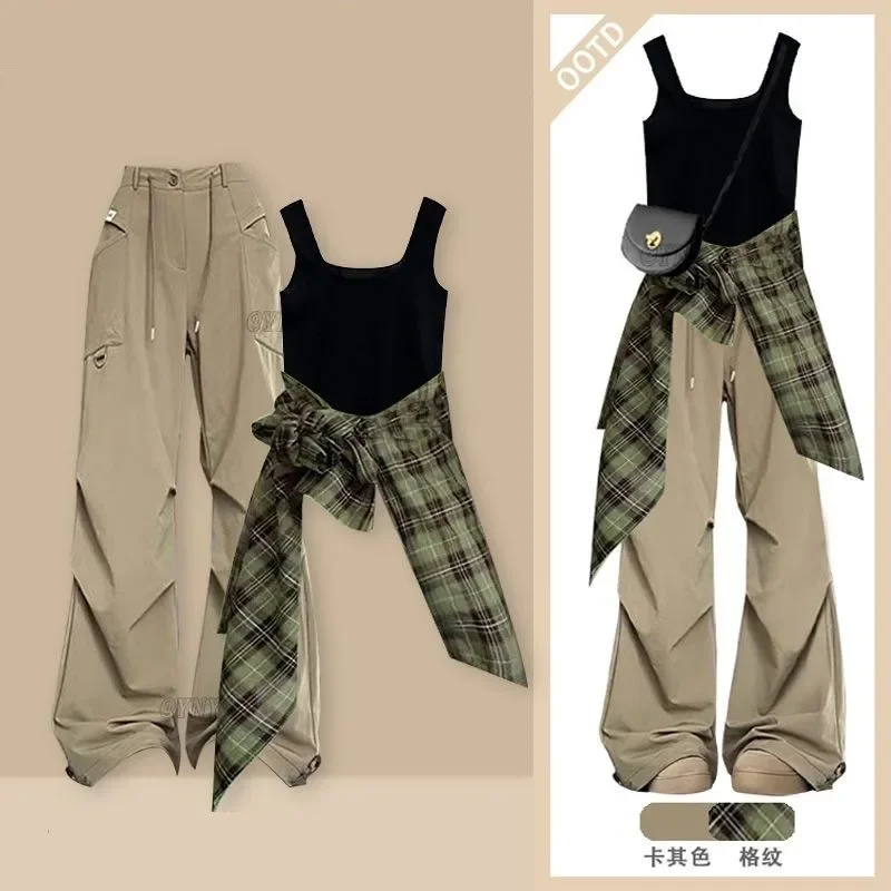 

Women's 2025 Spring/Summer New Checkered Shirt+Vest+Loose Cargo Pants 3-Piece Suit Lady Elegant Cardigan Trousers Matching Set