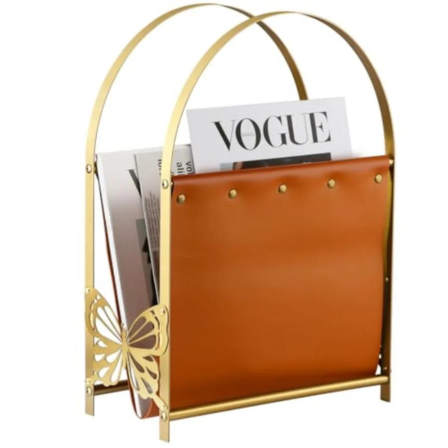 

Aocii Magazine Holder Artificial Leather Magazine Rack Floor with Golden Butterfly Hardware and Antique Brass Buckles Bathroom