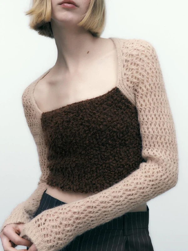 

Sweet And Spicy Short Hollow out Knitted Top Women's Slim Fit Square Collar Unique Style College Sweet Style Fashion 2025 Autumn