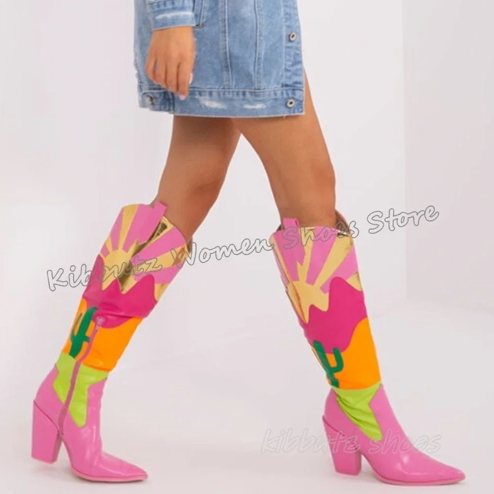 Cowboy Boot Knee High Patchwork Genuine Leather Mixed Color Zipper Fashion Elegant Novelty Women Shoes Newest Pointy Chunky Heel
