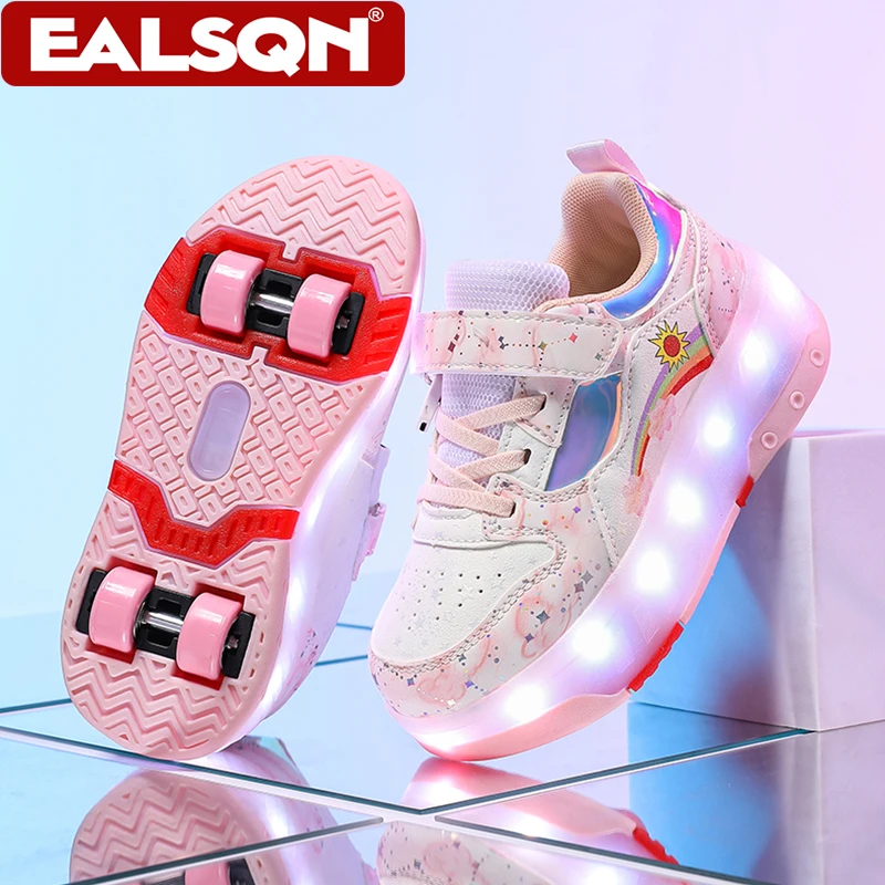 Four Wheels Children LED Light Up Roller Skate Shoes for Boys Girls - USB Rechargeable Luminous Sneakers Kids Sports Shoes Gift