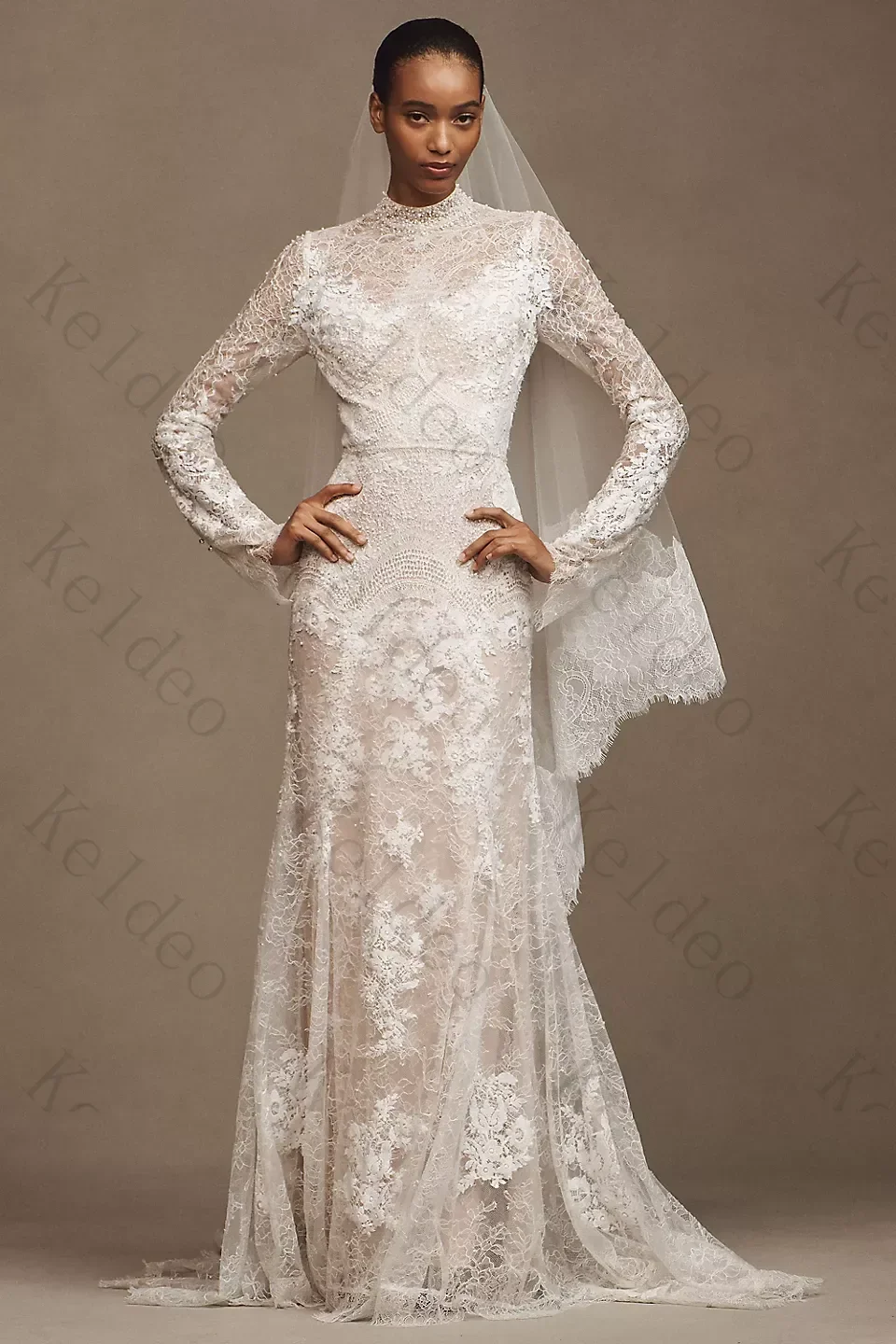 Customized Vintage Mermaid Wedding Dresses Exquisite High Neck Long Bell‑Sleeve Full Floral Lace Sheer Floor‑Length Bridal Gowns