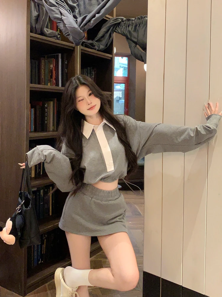 

Kumikumi Grey Long Sleeve Drawstring Hoodie Women's Summer High Waist Skirt Two-Piece Set Fashionable Casual Outfit