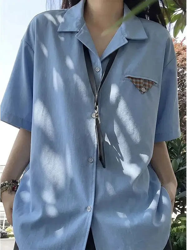 Light Blue Ice Silk Short Sleeve Shirt Men Summer Thin American Workwear Collar Shirt Couple Half Sleeve Jacket Standard Fit ...