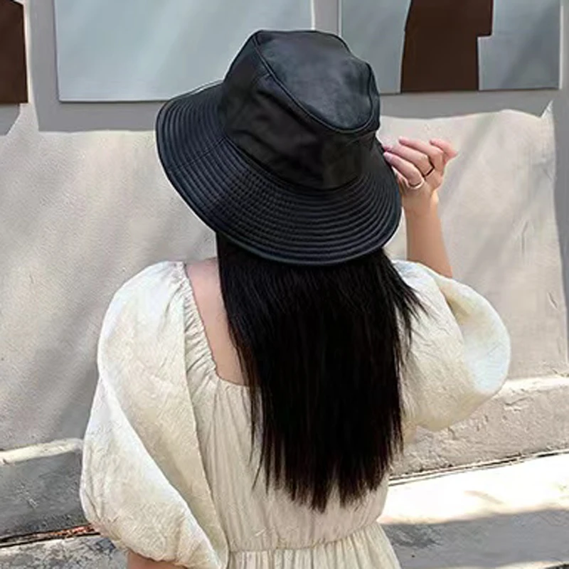 Genuine Leather Bucket Hat For Women Korean Fashion Surper Big Brim Sheepskin Fisherman Caps Mujer Black Bob Chapeau Streetwear