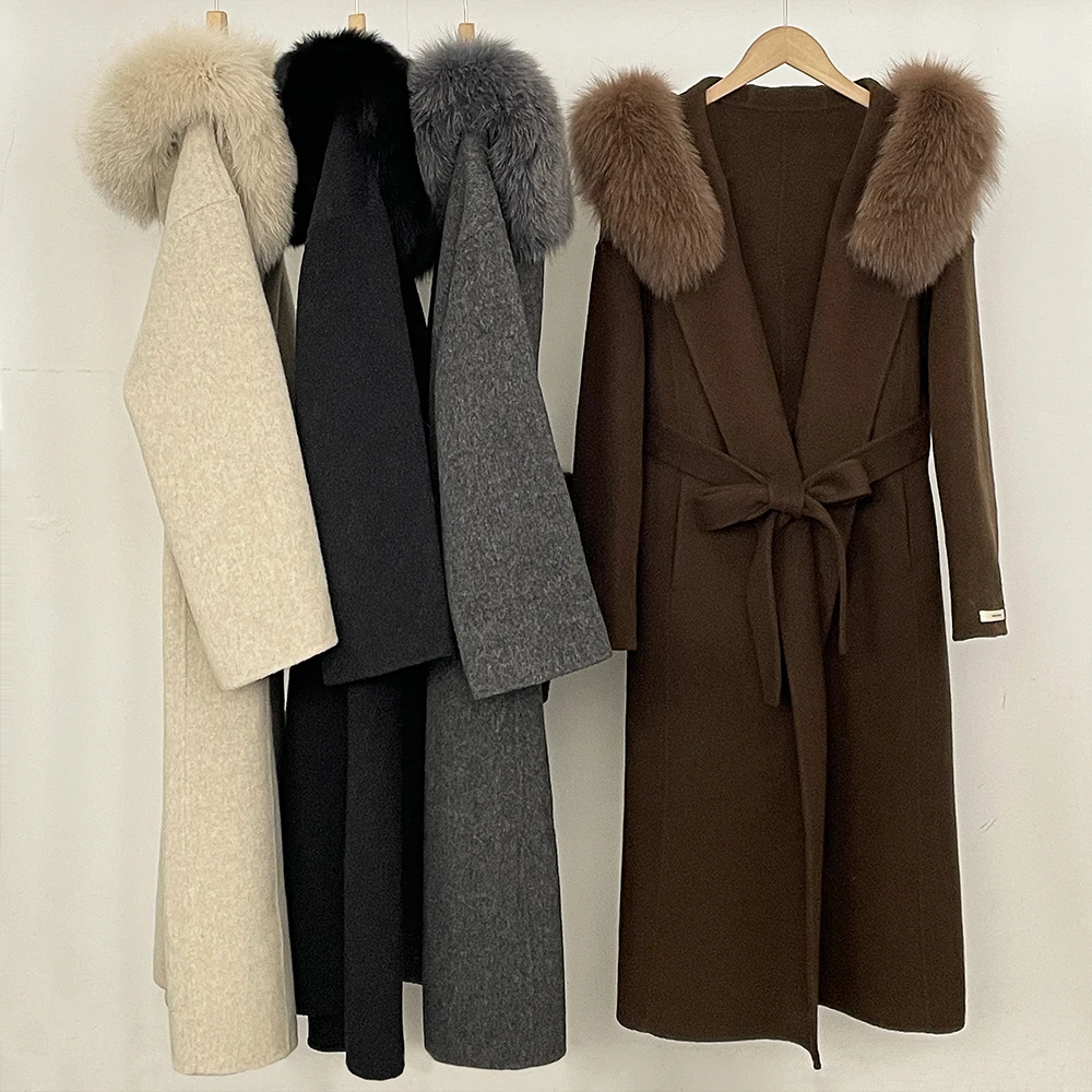 Women's Double Face Wool Coat Woolen Outerwear Warm Thick Fabric Old Money Style Office Wear Cold Season Fur Trim Loose Fit Coat