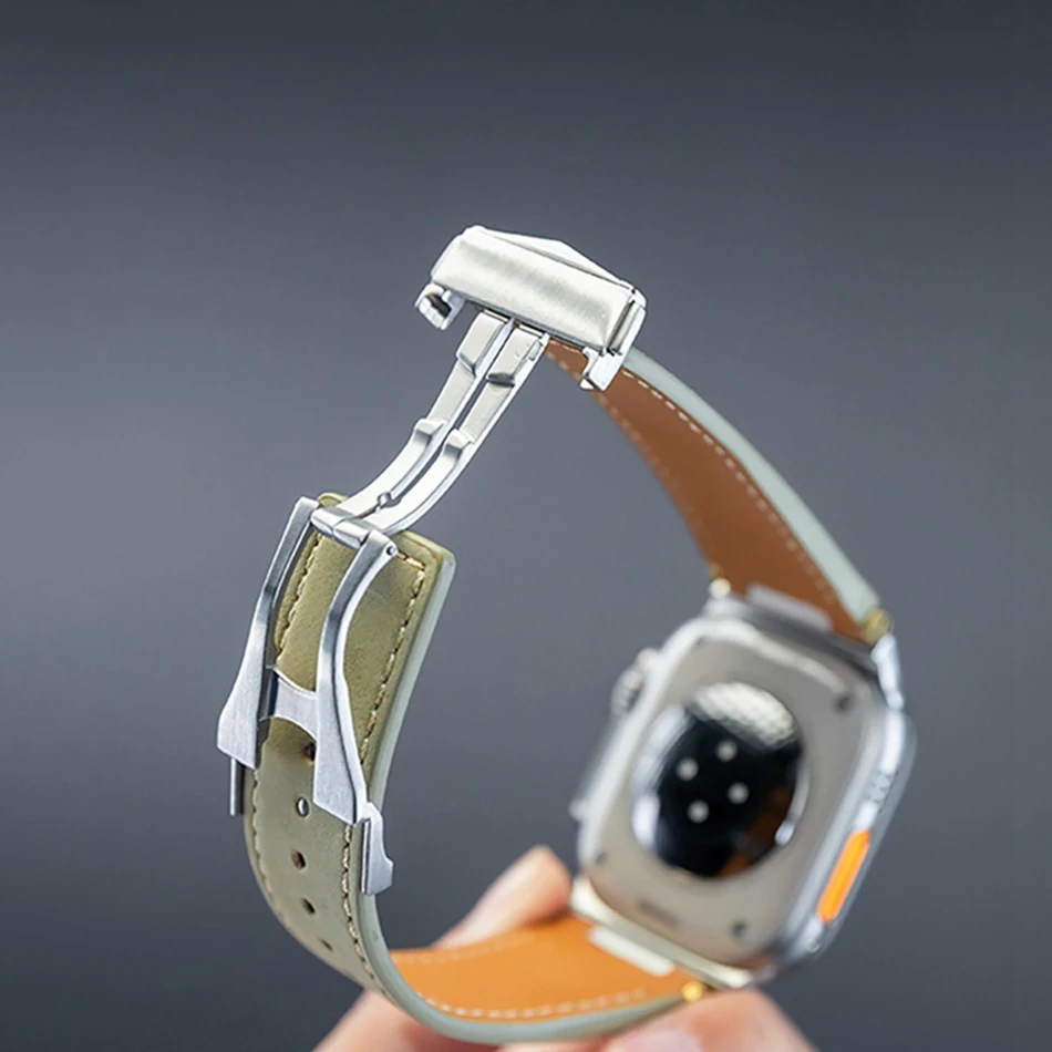 Man Leather Band for Apple Watch 11 10 9 8 6 7 3 SE Folding Clasp