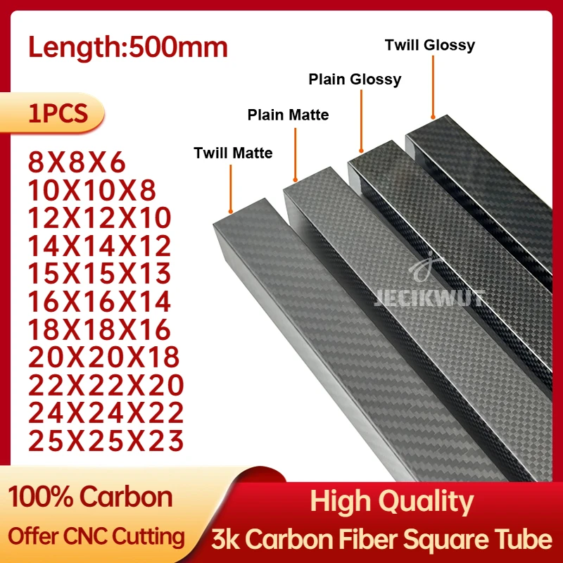 1pcs Length 500mm OD8mm 10mm 15mm 18mm 20mm 22mm 25mm 28mm 30mm High Quqlity 3K full carbon fiber square tube Gloss Matt Surface