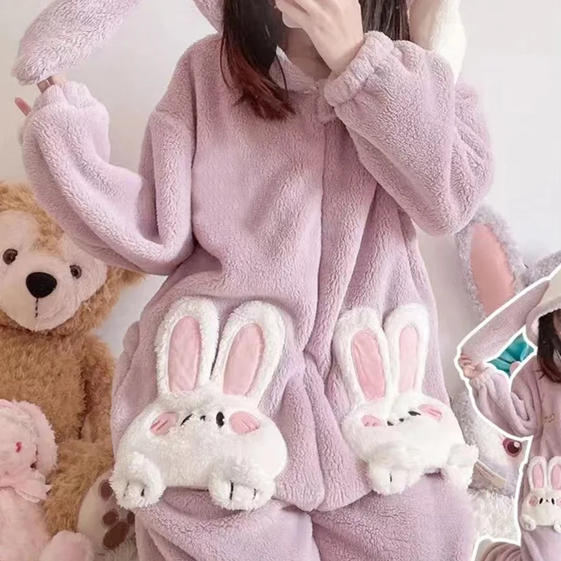 Autumn Winter Women Cute Onesies Pajamas Coral Fleece Warm Cartoon Rabbit Ears Hooded Sleepwear Girls Sweet Home Clothes Pyjamas