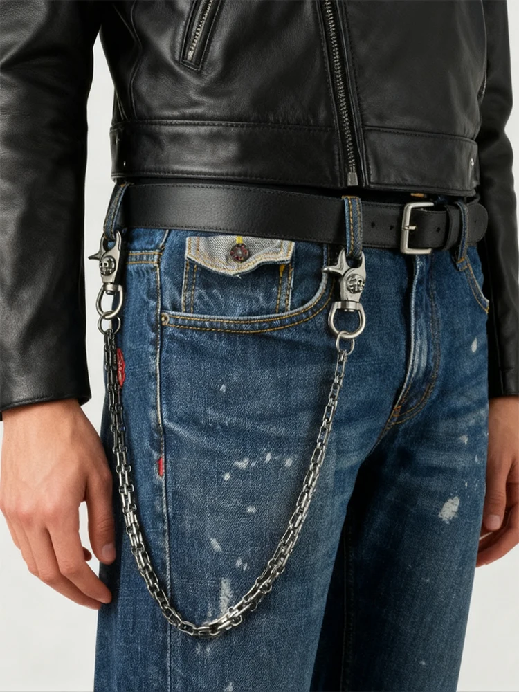 24 Inch Gunmetal Hip Hop Trucker Biker Jean with 12mm Flat Chainmail Chain Double Pirate Skull Snap Swivel Clip Keychain for Men
