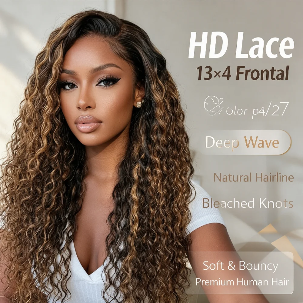180 200 250 Density Deep Wave Human Hair Wig for Women 4/27 Highlight 13x4 HD Lace Frontal Human Hair Wig 5x5 HD Lace Closure Wig