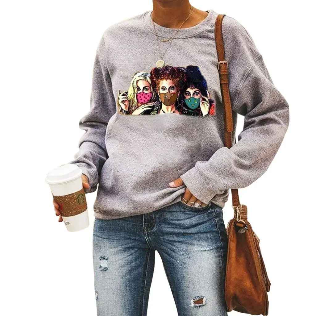 Sudadera de cuello redondo para mujer con estampado de tres brujas, diseño de hombro caído, camiseta de calle de moda