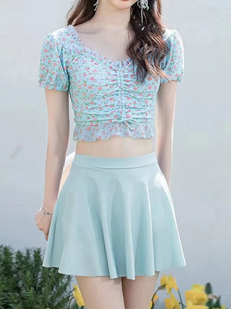 OIINAA Stampa Costume da bagno Donna Coulisse Lace Up Manica corta Bikini Set Carino Dolce Spiaggia Gonne Estate 2025 Primavera calda Costumi da bagno