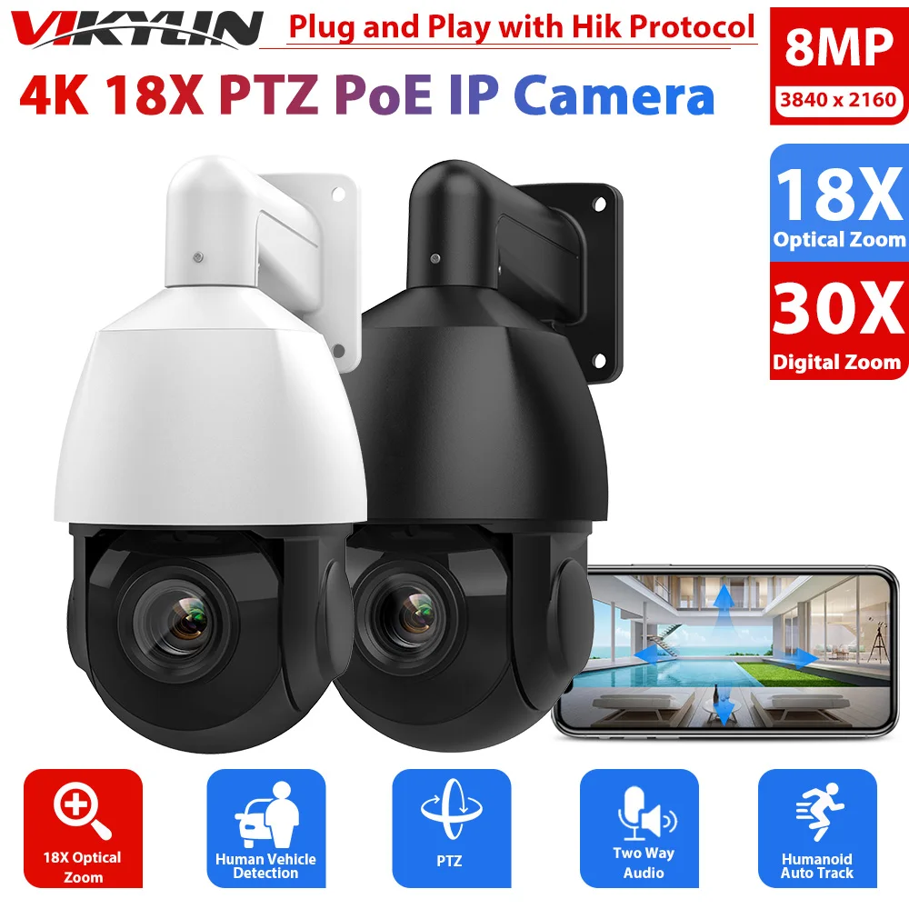 Vikylin 8/5MP PTZ IP Camera 18X Zoom 100m IR Night Vision H.265+ Human/Vehicle Detection ONVIF IP66Outdoor Security Surveillance