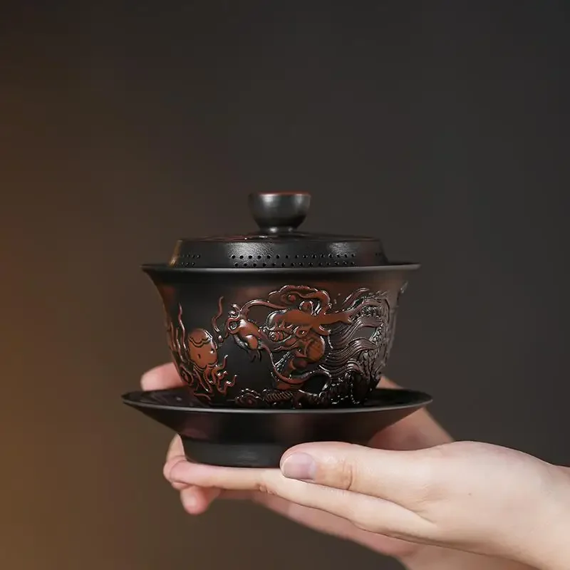 180ml Jianshui Clay Purple Pottery Vintage Gaiwan Ceramic Process Carving Tea Tureen Pigmented Kung Fu Drinkware Tea Bowl