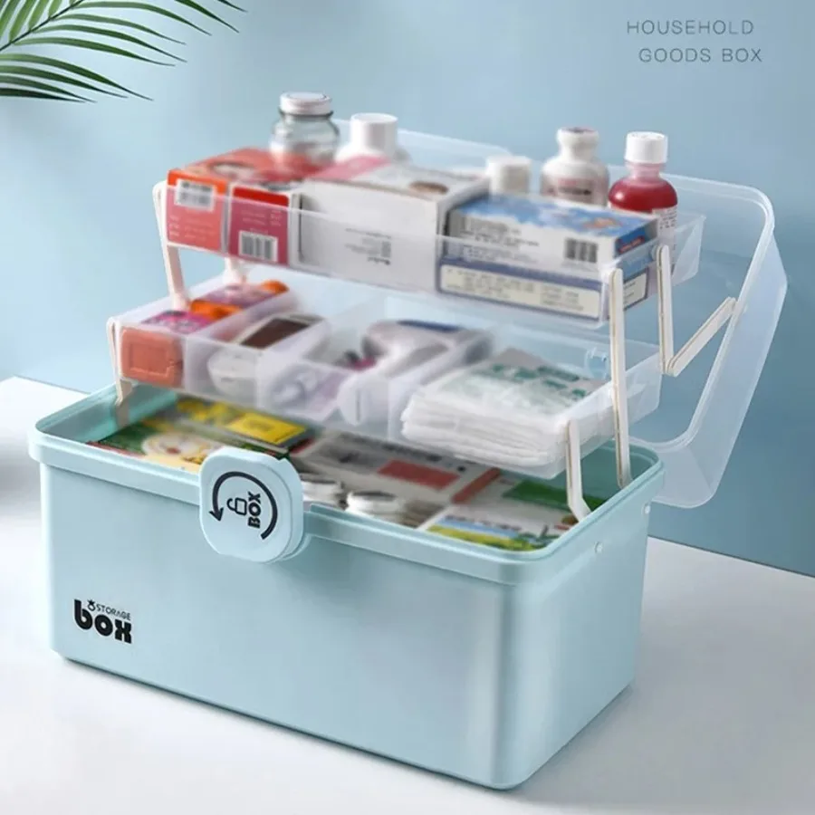 3 Layers Folding Storage Box Large Capacity Lockable Sundries Organizer Case First Aid Kit Medicine Storage Bin Home Container