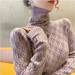 Women Lavender Purple Turtleneck Slim Sweater Knitwear 2024 Spring Fashion Slim Casual Chic Jacquard Knitted Pullovers