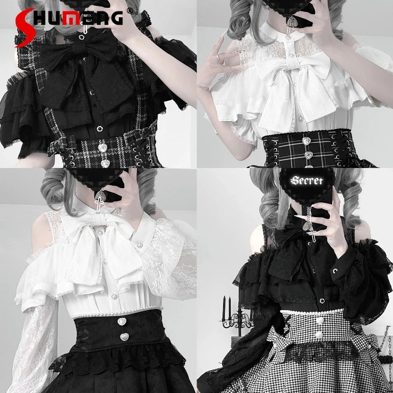 

Original Japanese Mine Mass-produced White Off-the-shoulder Shirt Lolita Style Cute Big Bow Lace Short-sleeved Shirt Mini Skirts