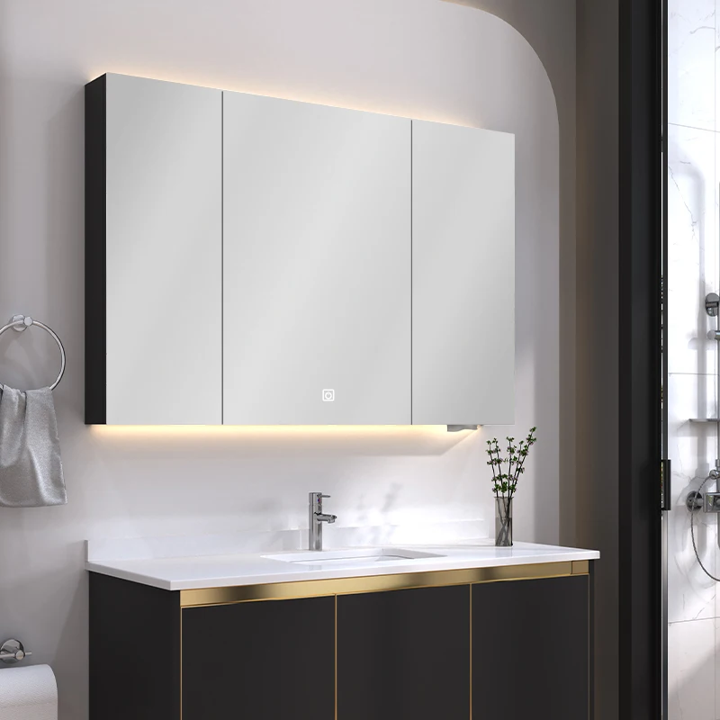 Wall Mounted Mirrored Cabinets Grey Bathroom Vanity Sale Soft Black Carcase Silver White LED Light Copper Customized Style Parts