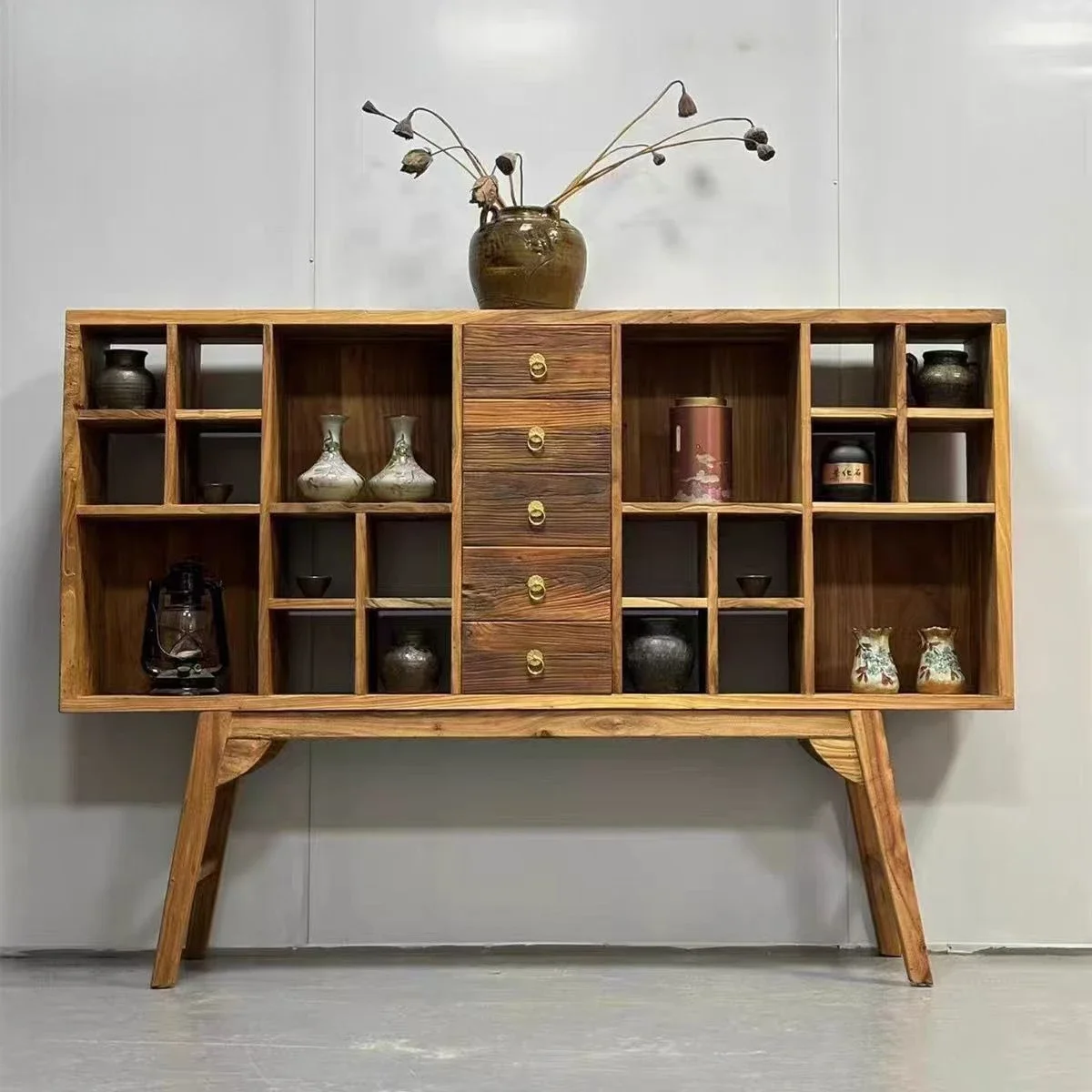 A Side cabinet All solid wood tea museum rack Old elm weathered tea cup rack cabinet