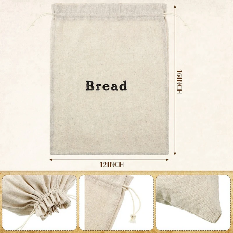 3 PCS Bread Bags Burlap Reusable Drawstring Bread Bags As Shown Linen Handmade Food Storage
