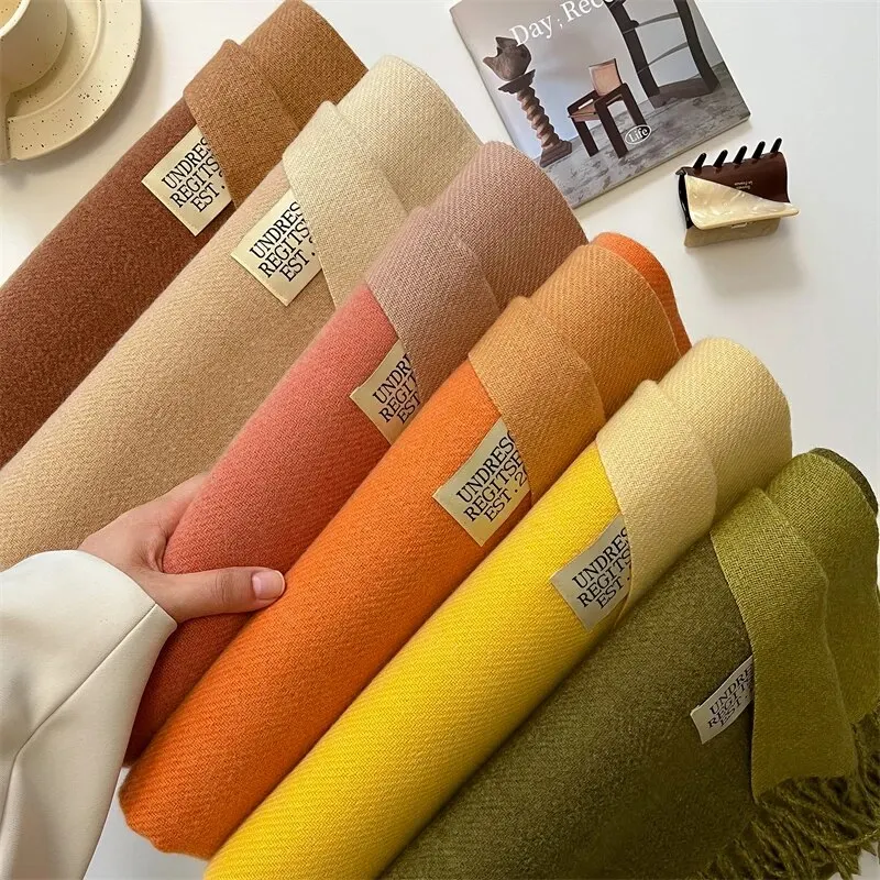 2023 Warm Winter Cashmere Scarf for Women Fashion Korean Style Casual Solid Color Double Side Neckerchief Shawl Wraps Blanket