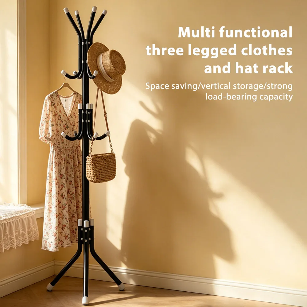 Wrought-Iron Coat Rack with 2 Storage Mesh Pocket Floor-Standing Clothes Rack Space-saving Hanging Coat Hat Bag Storage Shelf For Home Bedroom Walk-in Closet Living Room Entryway Multifunctional Organizer