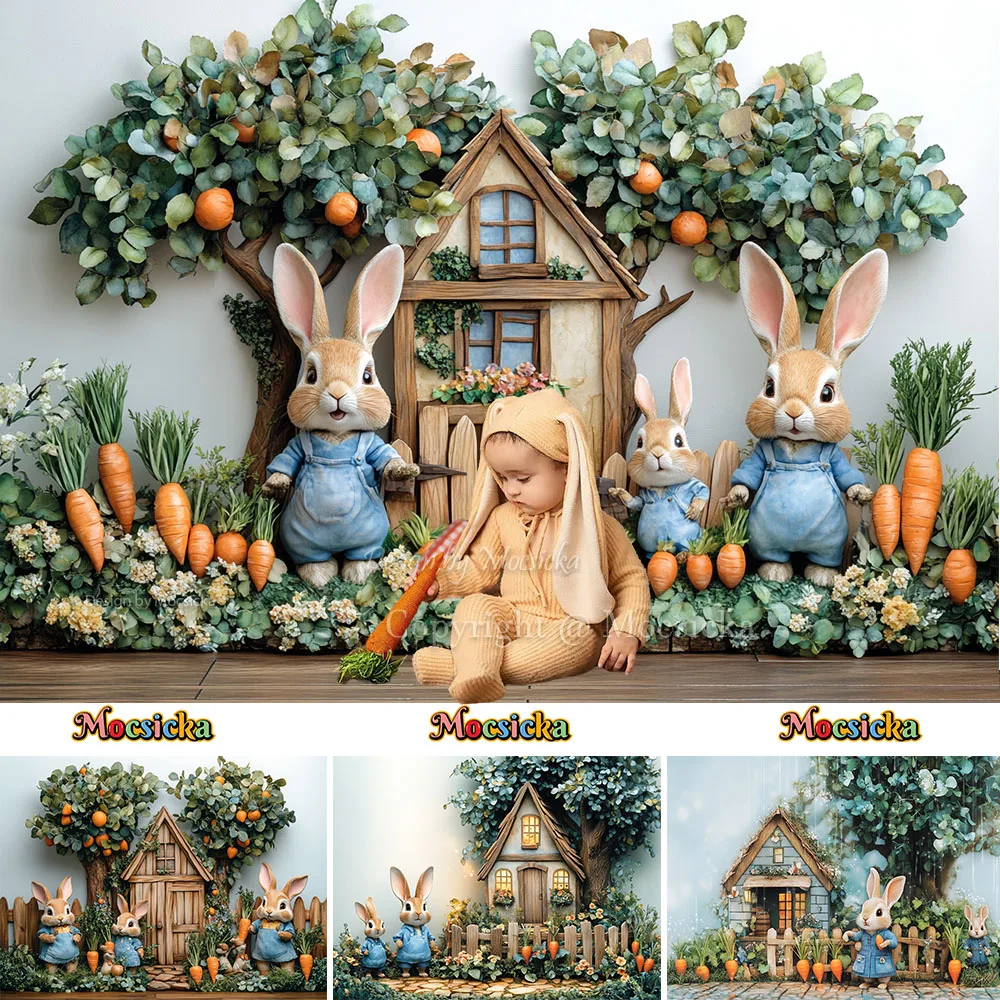 Spring Easter Background Photography Cartoon Rabbit Carrot Manor Log Cabin Backdrop Decor Kids Birthday Cake Smash Photo Studio