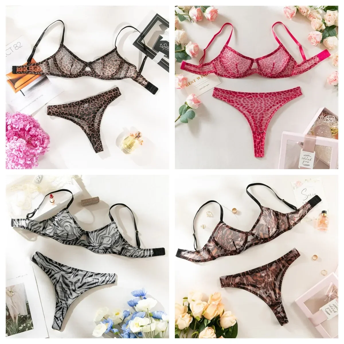 2 Pieces New Sexy Leopard Print Transparent Hollow Out Sexy Lingerie Thin Seducing Mesh Printed Women's Set