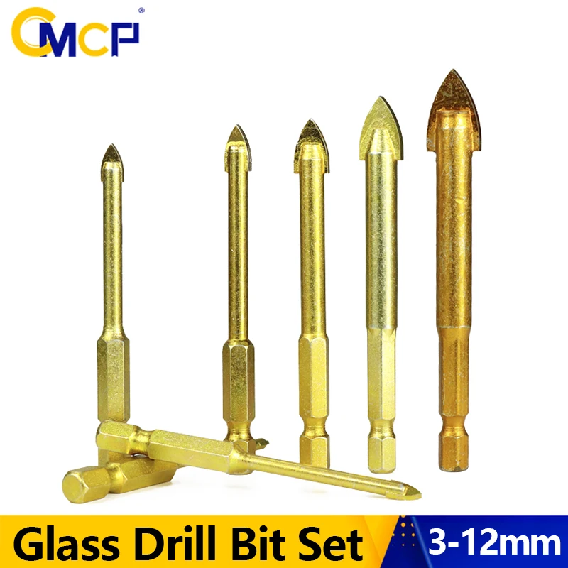 CMCP Glass Drill Bit Set Titanium Ceramic Tile Marble Glass Spear Head Hex Shank Workshop Equipment Power Tools Parts Drill Bits