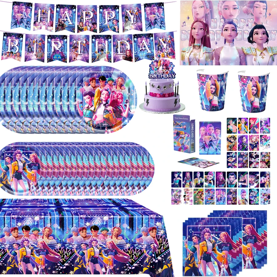 K-Ppop شيطان هنتر تحت عنوان عيد ميلاد أدوات المائدة الورقية القابل للتصرف مع أكواب لوحات كعكة توبر المفضلة بالون شنطة هدايا لعيد الميلاد