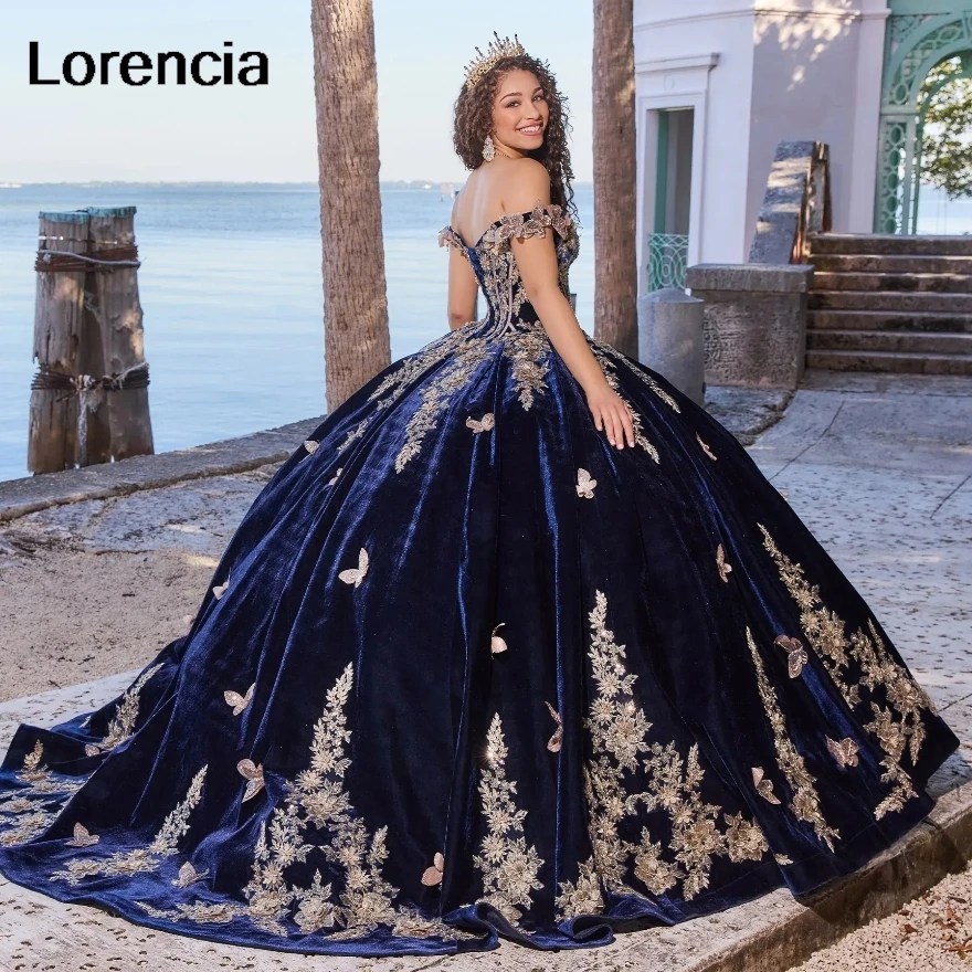 Customized Velvet Navy Blue Quinceanera Dress Ball Gown Gold Lace Butterfly Applique Long Sleeve Cape Vestidos De 15 Años YQD701