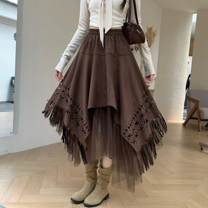 Qiukichonson Midi Long Skirts Women Suede Skirt Goth Lolita Autumn Winter High Waist Hollow Out Asymmetrical Tassel Skirt Mesh