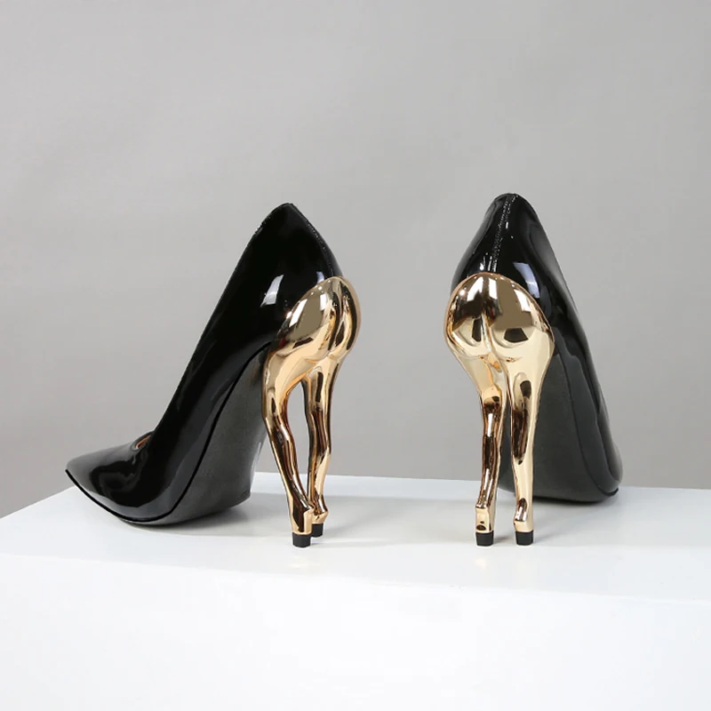 

2024 Runway Show Pointed High Heels, Black Patent Leather Temperament, Sexy and Irregular Heel Shoes for Women In Winter