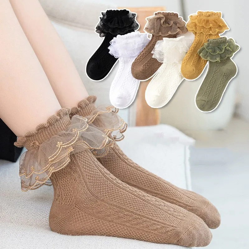 New Baby Girls Socks Kids Girl Frilly Lace Tutu Socks Cotton Children Dance Princess Sock Flowers Ruffled Solid Ankle Socks