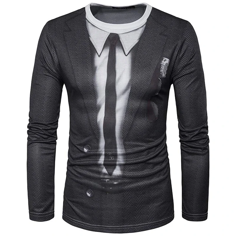 Camiseta con estampado de esmoquin 3D para hombre, traje realista de manga larga, informal, sudadera transpirable, ropa de calle