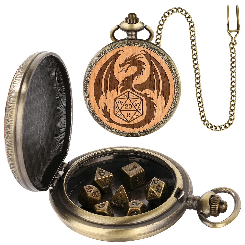 Retro Steampunk Cool Dragon Watch Case with 7 Dices Pocket Chain Souvenir Gift  Entertainment Game Dice