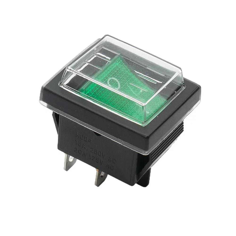 Green Rocker Switch With Waterproof Cover 4-Pin 16A 250V AC DPST For Industrial Machines Appliances And DIY Projects