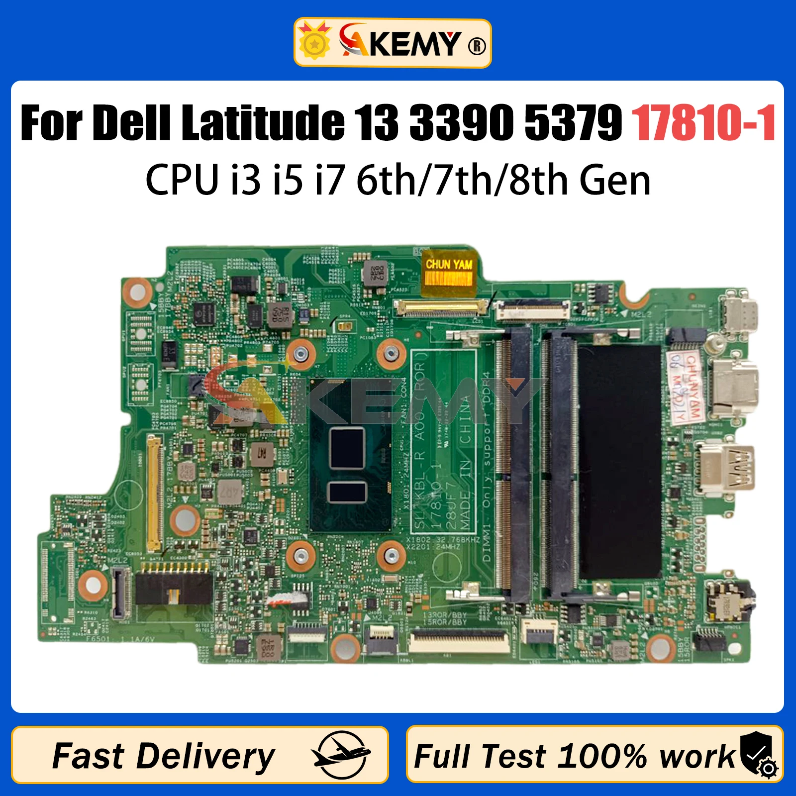 

AKEMY 17810-1 For Mainboard DELL Latitude 13 3390 5379 15 5779 02J4JT 0K3GFH 073TVN 0DNKMK K3GFH Laptop Motherboard i3 i5 i7 CPU