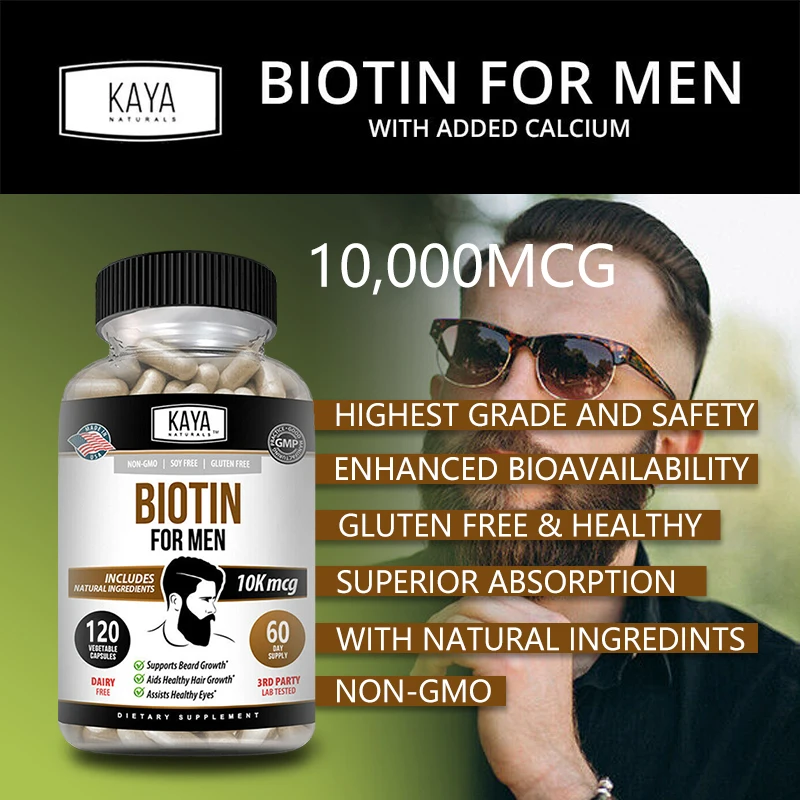 Biotin Capsules for Men – Hair Growth Vitamins – Natural Biotin Supplement for Men’s Beard and Hair Growth, Helps Eye Health